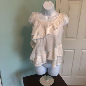 Ann Taylor Loft, White Ruffle Shirt, Casual, Small, Cotton and Polyester